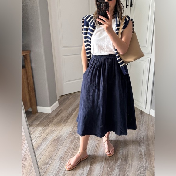 Alex Mill Navy Blue Midi Skirt Size Medium A-line Pockets Elastic Waist Linen - Picture 1 of 17